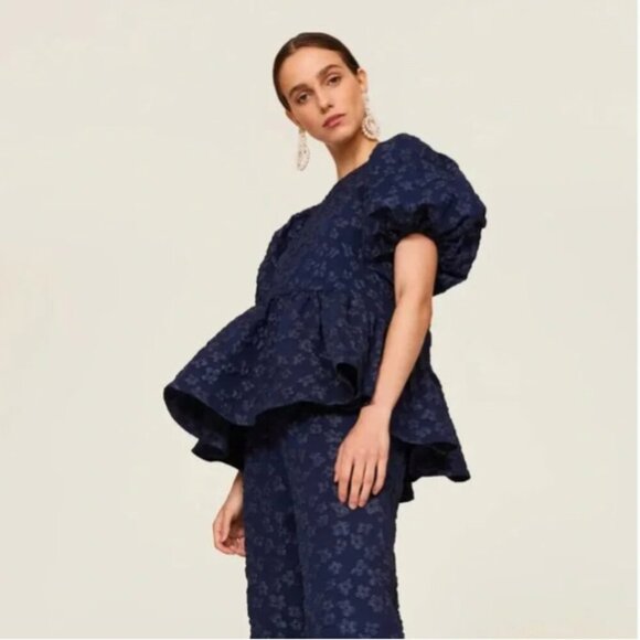 Stine Goya Liw Textured Jacquard Puff Sleeve Peplum Top Volume - Picture 1 of 12